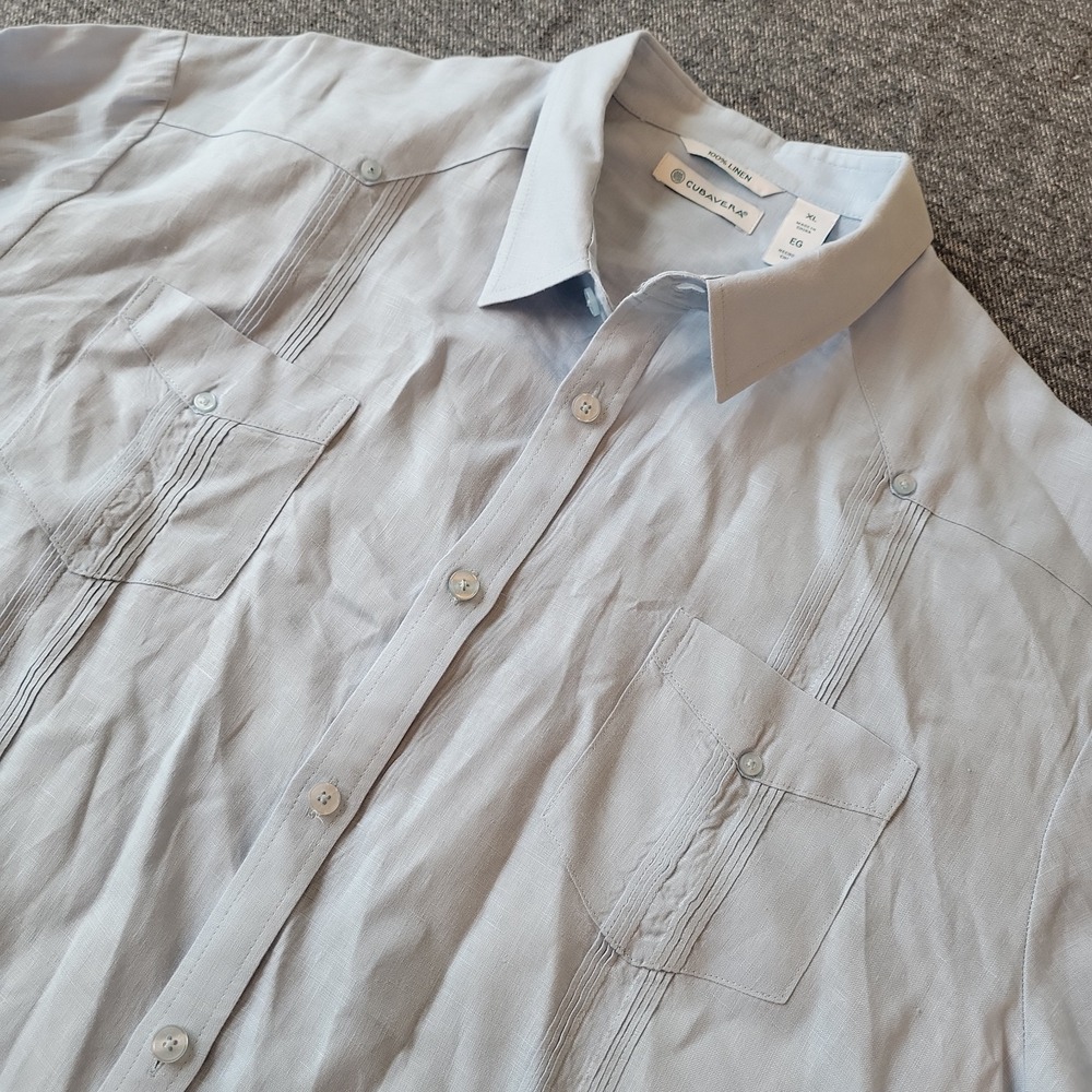 Cubavera Guayabera Shirt Men's XL Blue 100% Linen Long Sleeve Pockets Beach